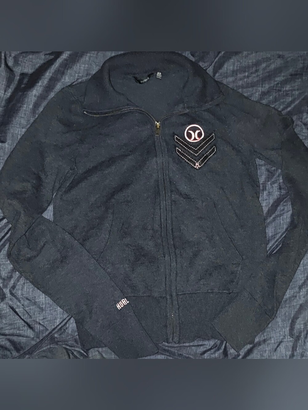 Hurley Y2K Fitted Charcoal Zip Up Sweater With Blush Pink Embroidered logo